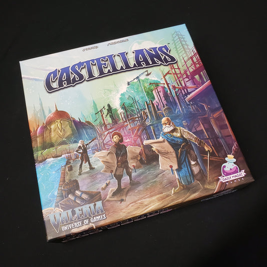 Image shows the front cover of the box of the Castellans board game