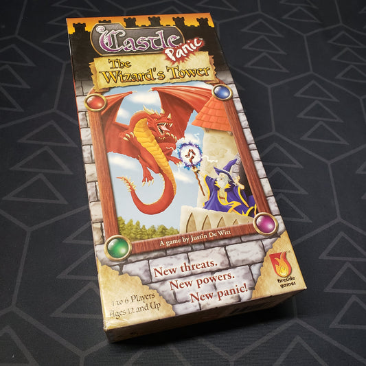 Image shows the front cover of the box of the Wizard's Tower expansion for the board game Castle Panic