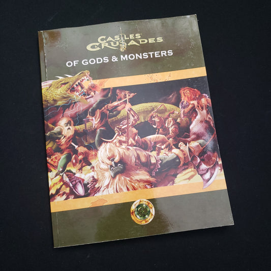 Image shows the front cover of the book Of Gods & Monsters for the Castles & Crusades roleplaying game