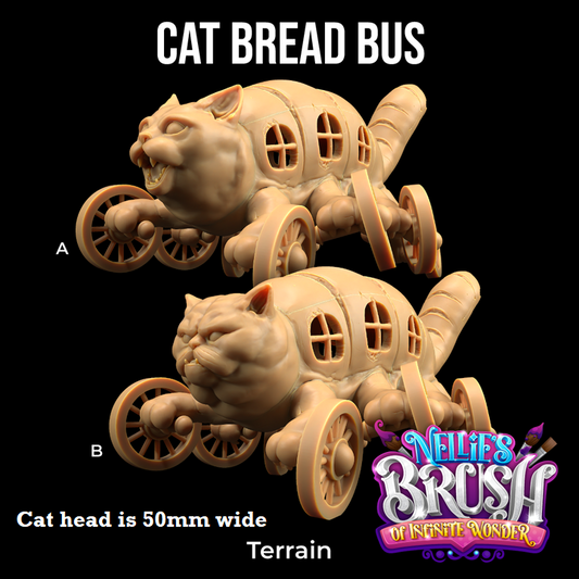 Image shows 3D renders for two different sculpt options for a gaming miniature of a cat bus made of bread