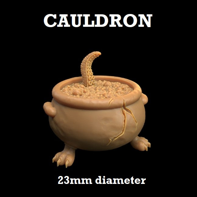 Image shows a 3D render of a cauldron gaming miniature terrain piece, with claw feet and a tentacle sticking out of it