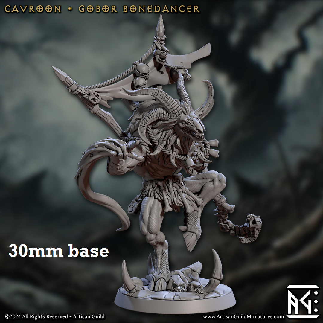 Image shows a 3D render for a capra shaman gaming miniature