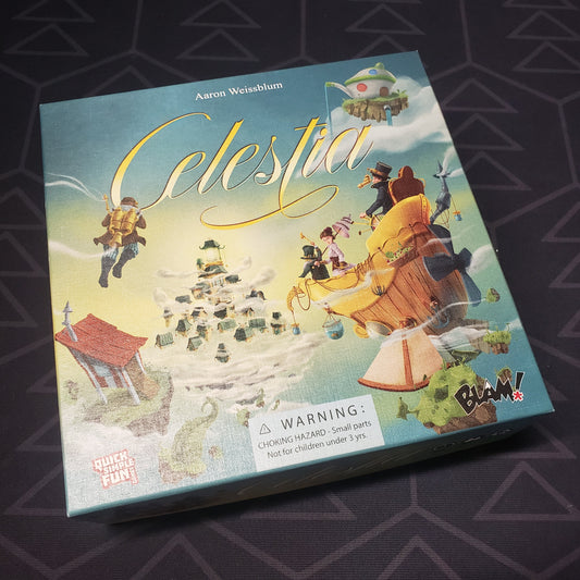 Image shows the front cover of the box for the Celestia board game