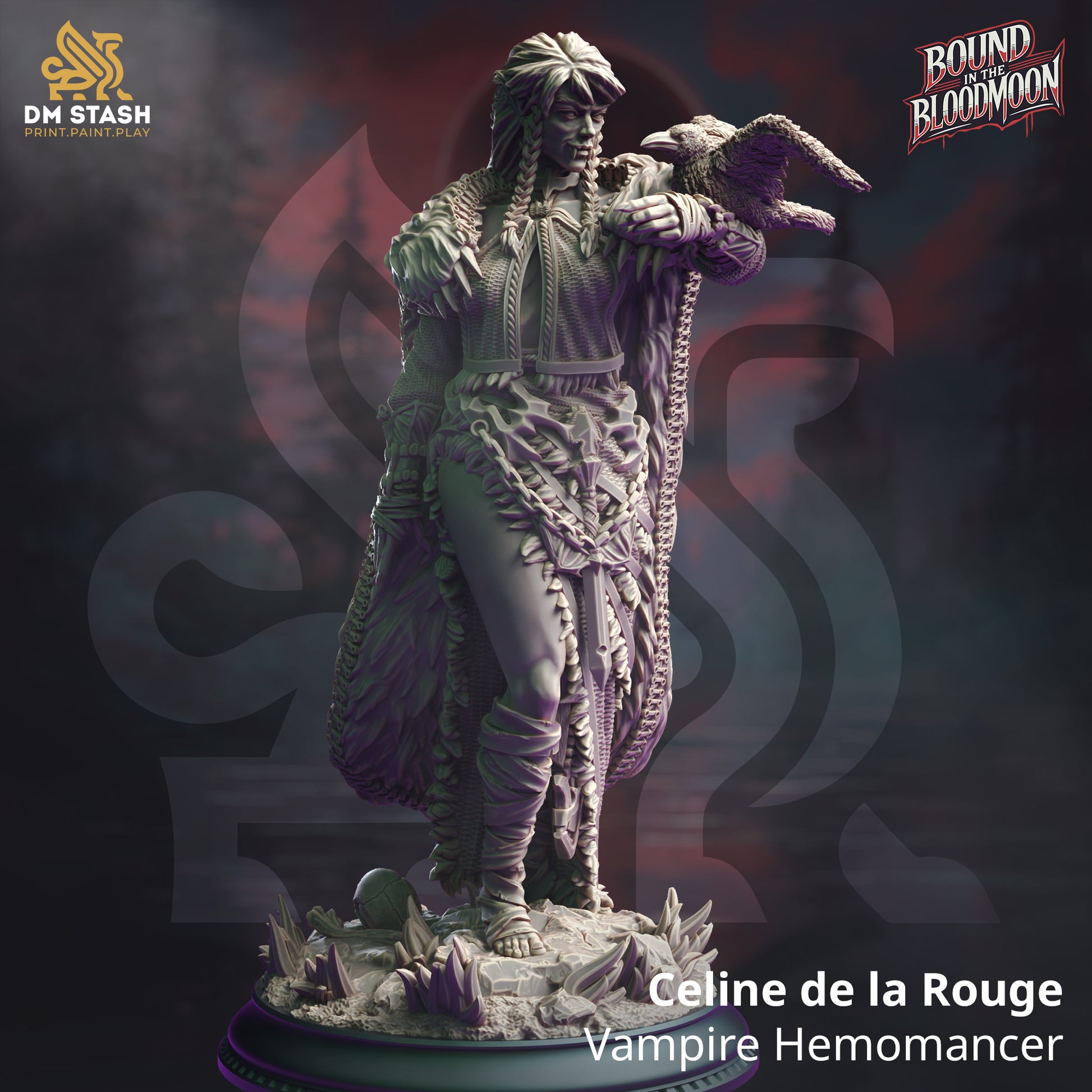 Image shows a 3D render of an vampire druid gaming miniature