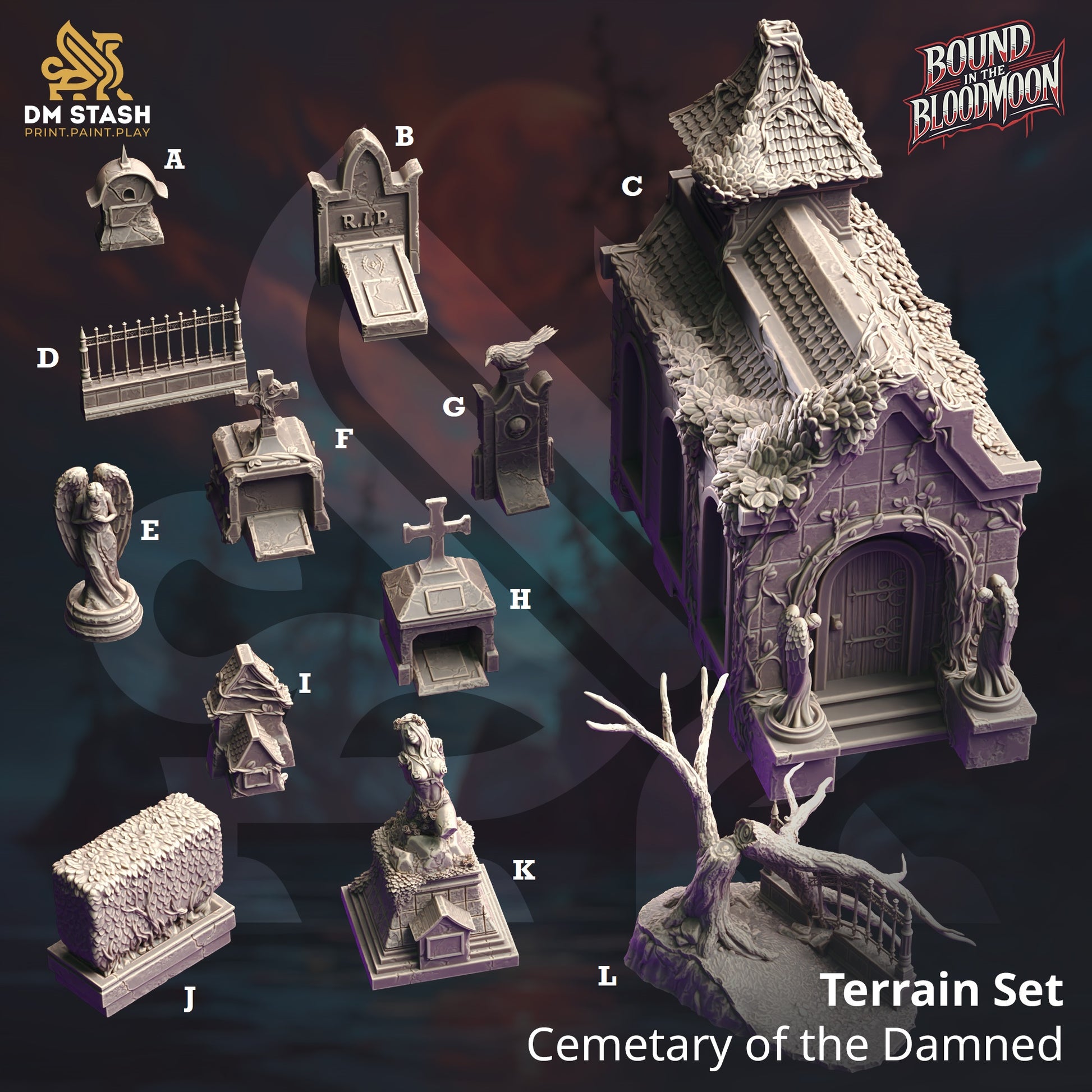 Image shows 3D renders of various pieces of graveyard gaming miniature terrain