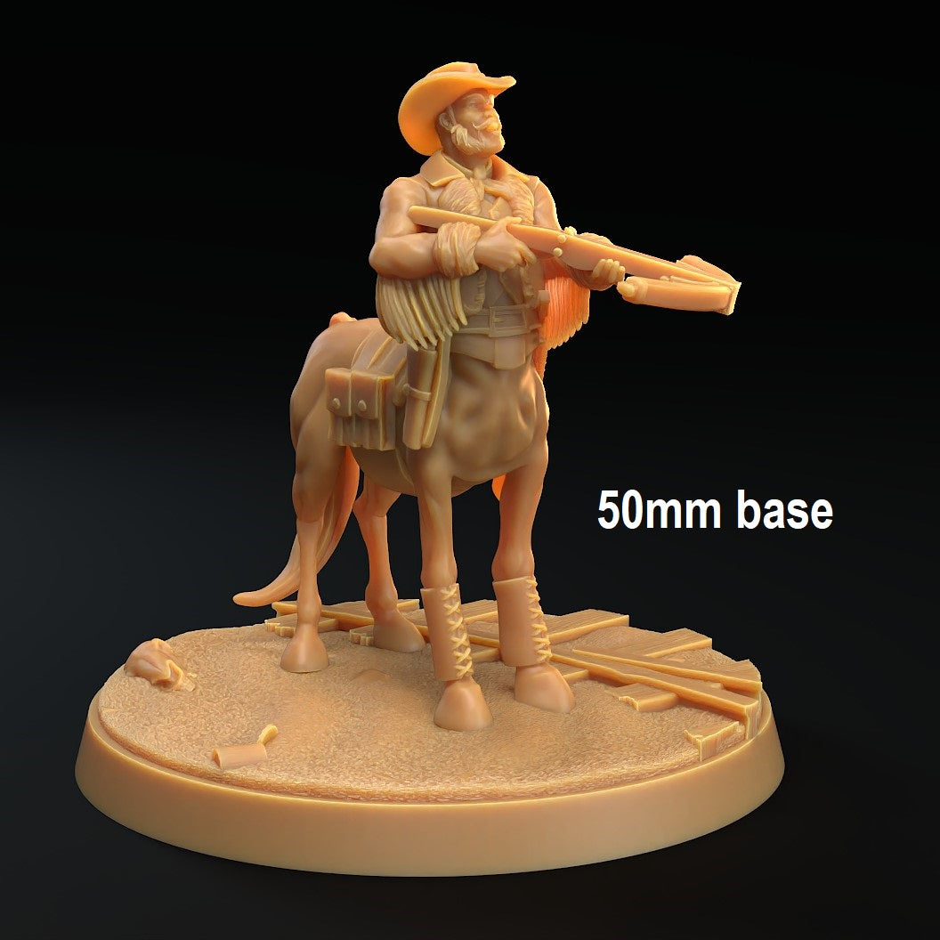 Image shows a 3D render of a centaur cowboy gaming miniature holding a crossbow