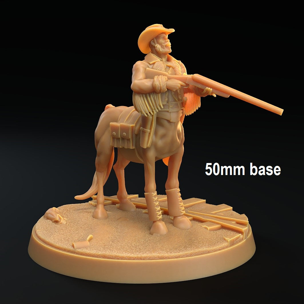 Image shows a 3D render of a centaur cowboy gaming miniature holding a gun