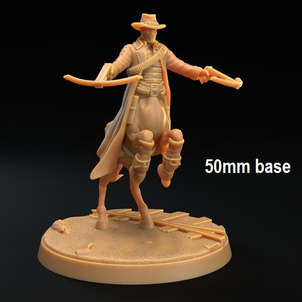 Image shows a 3D render of a centaur cowboy gaming miniature holding two crossbows