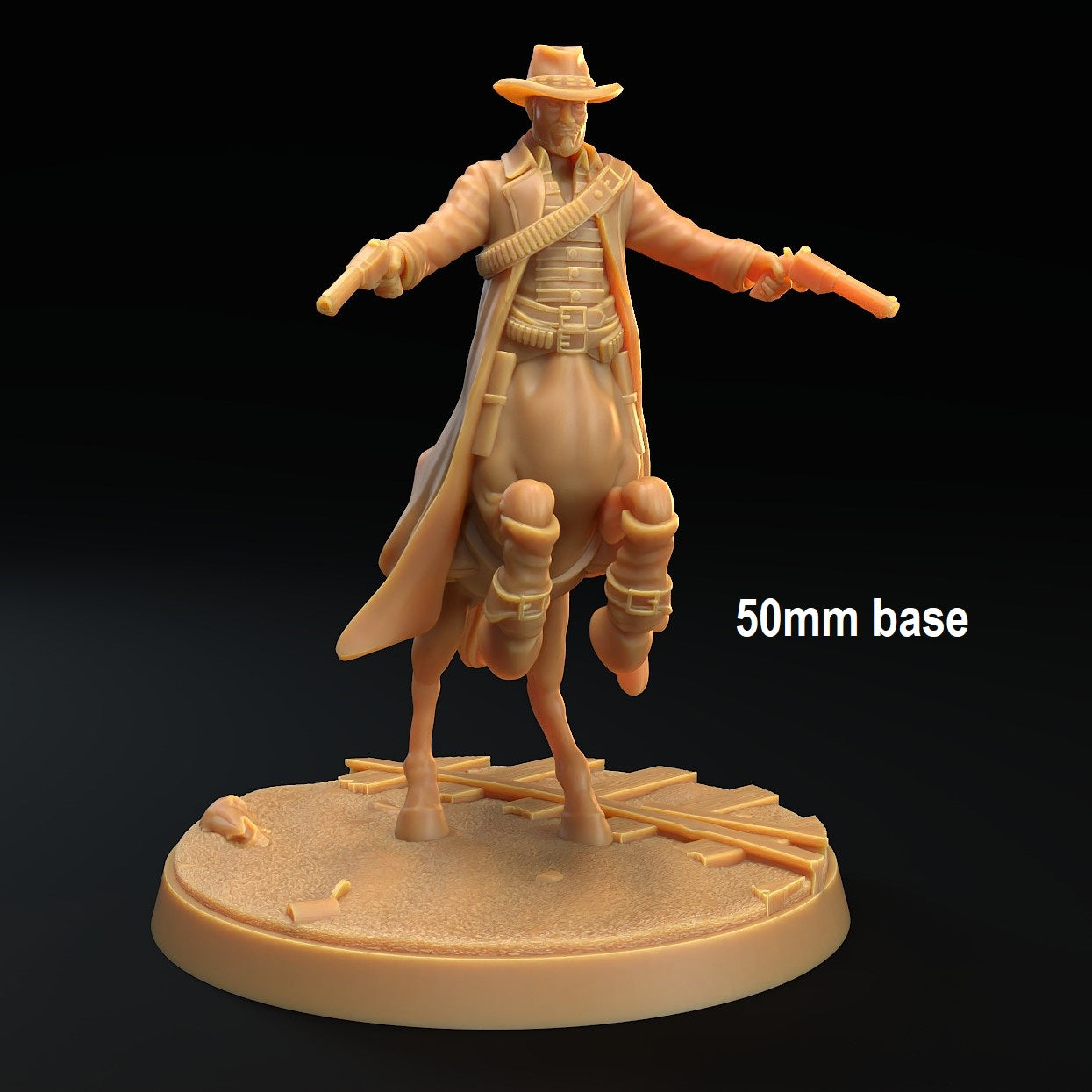 Image shows a 3D render of a centaur cowboy gaming miniature holding two gun