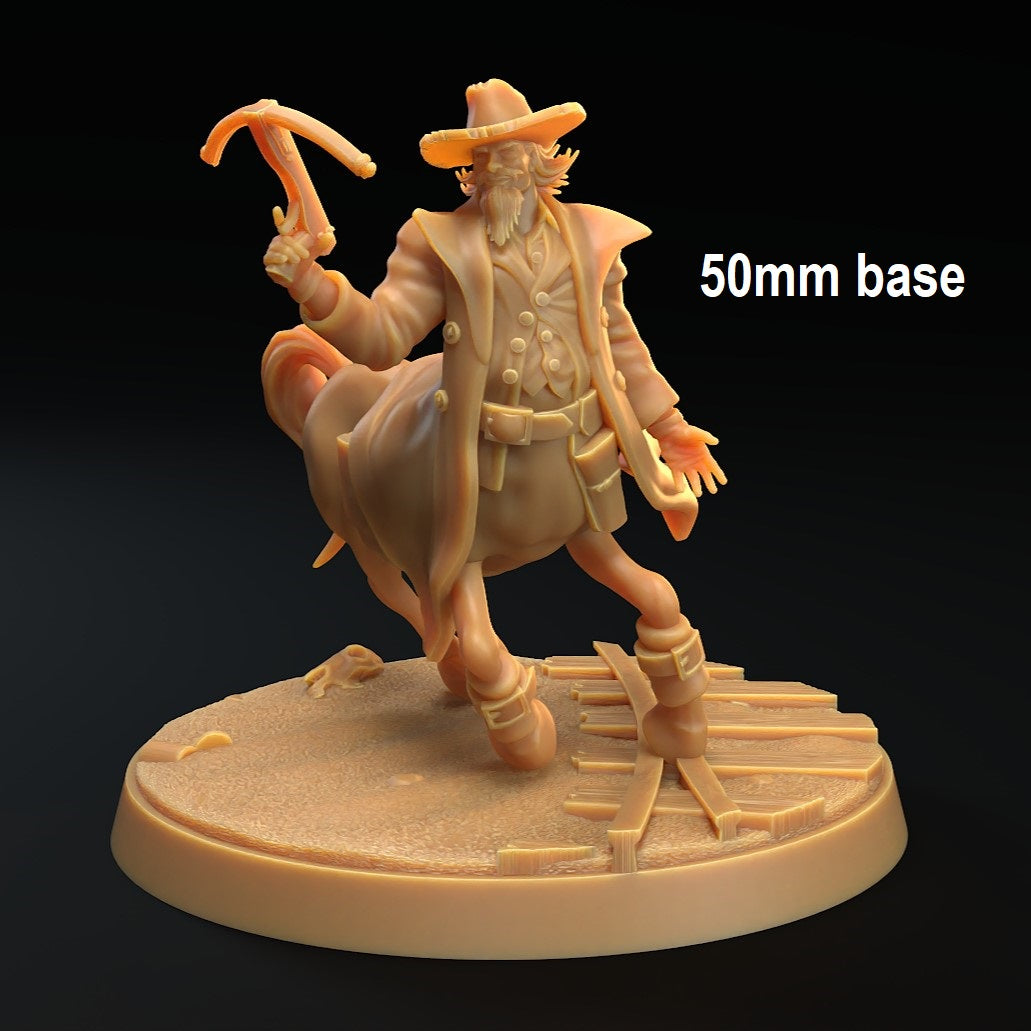 Image shows a 3D render of a centaur cowboy gaming miniature holding a crossbow