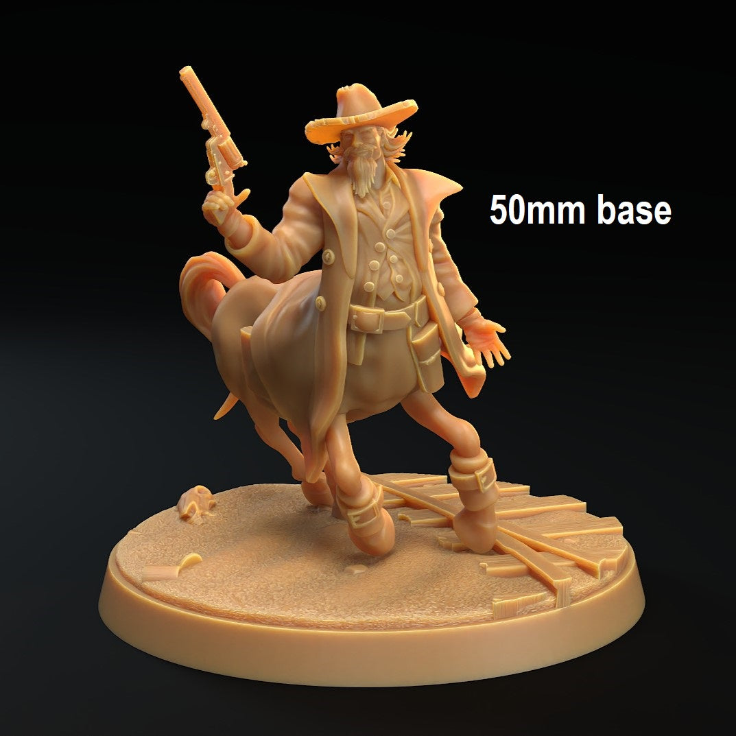 Image shows a 3D render of a centaur cowboy gaming miniature holding a gun