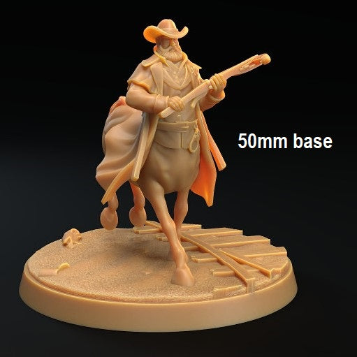 Image shows a 3D render of a centaur cowboy gaming miniature holding a crossbow