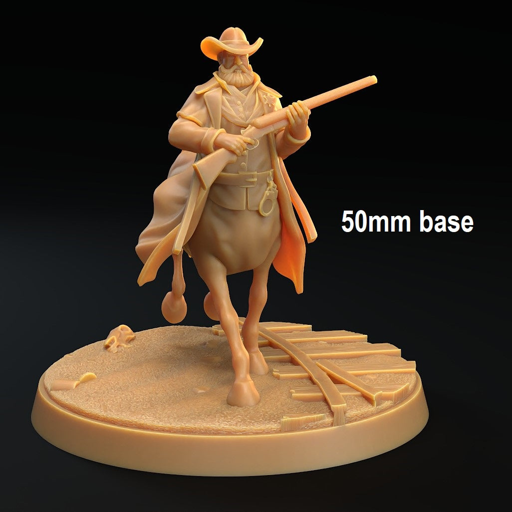 Image shows a 3D render of a centaur cowboy gaming miniature holding a gun