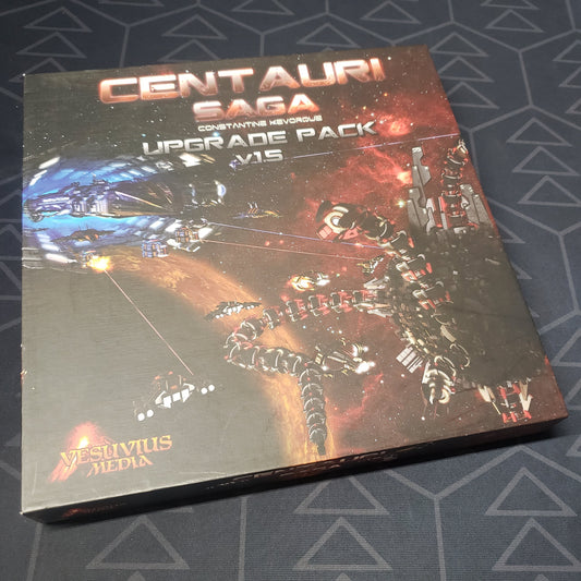Image shows the front cover of the box of the v1.5 Upgrade Pack expansion for the board game Centauri Saga