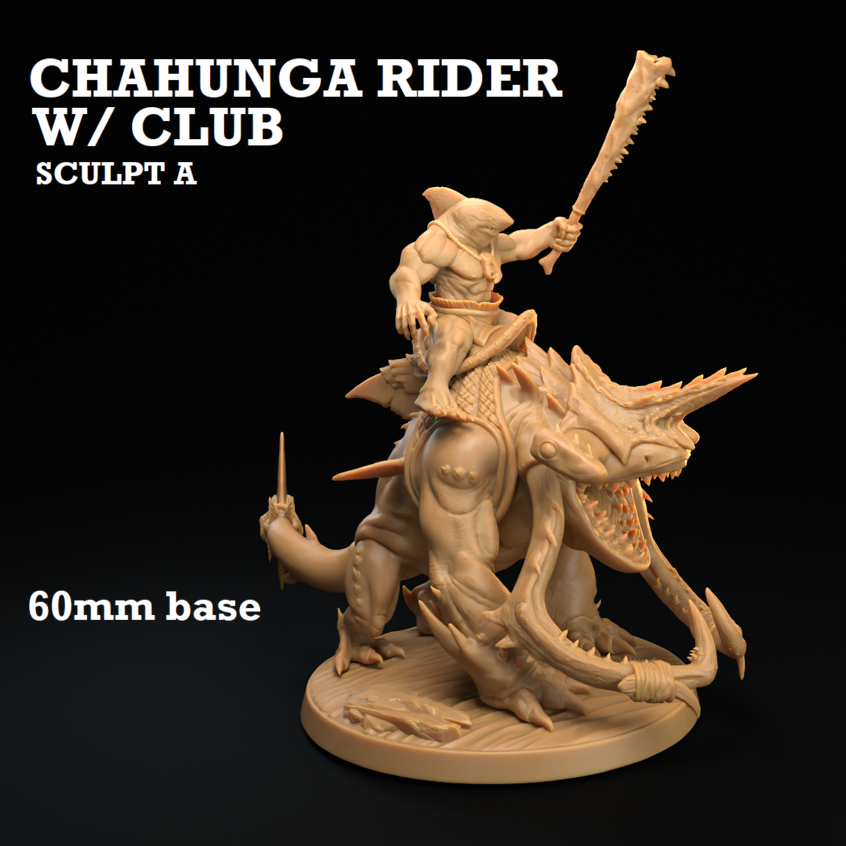 Image shows a 3D render of a gaming miniature of a sharkfolk warrior riding a shark-dog creature.