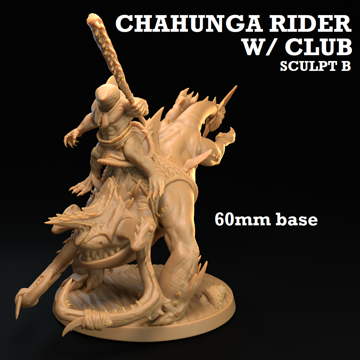 Image shows a 3D render of a gaming miniature of a sharkfolk warrior riding a shark-dog creature.