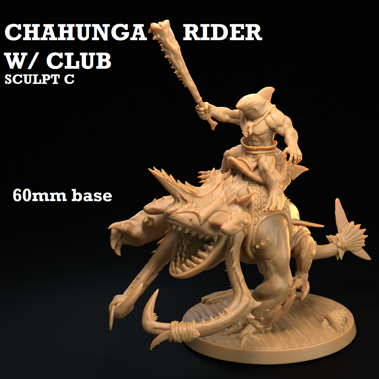 Image shows a 3D render of a gaming miniature of a sharkfolk warrior riding a shark-dog creature.