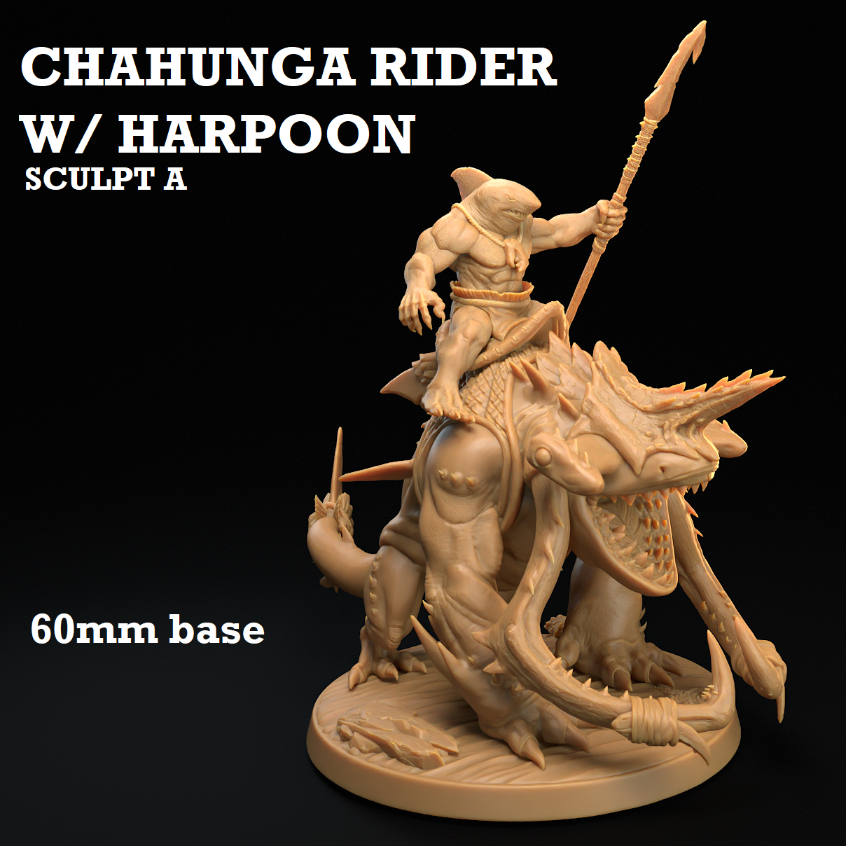 Image shows a 3D render of a gaming miniature of a sharkfolk warrior riding a shark-dog creature.