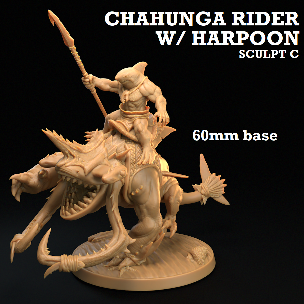 Image shows a 3D render of a gaming miniature of a sharkfolk warrior riding a shark-dog creature.