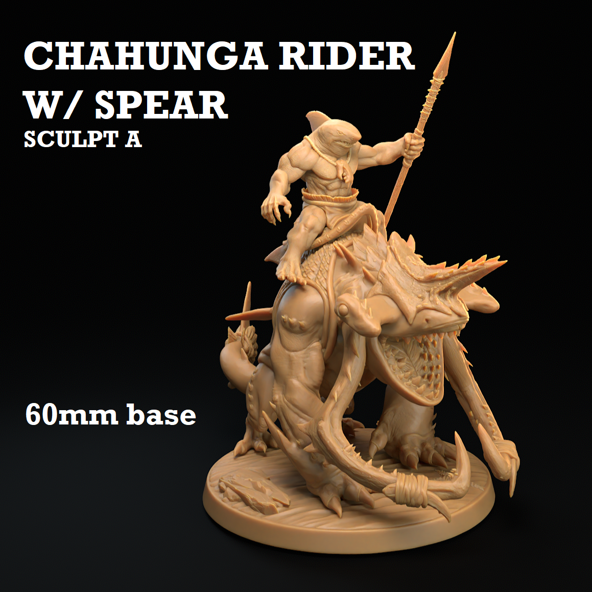 Image shows a 3D render of a gaming miniature of a sharkfolk warrior riding a shark-dog creature.