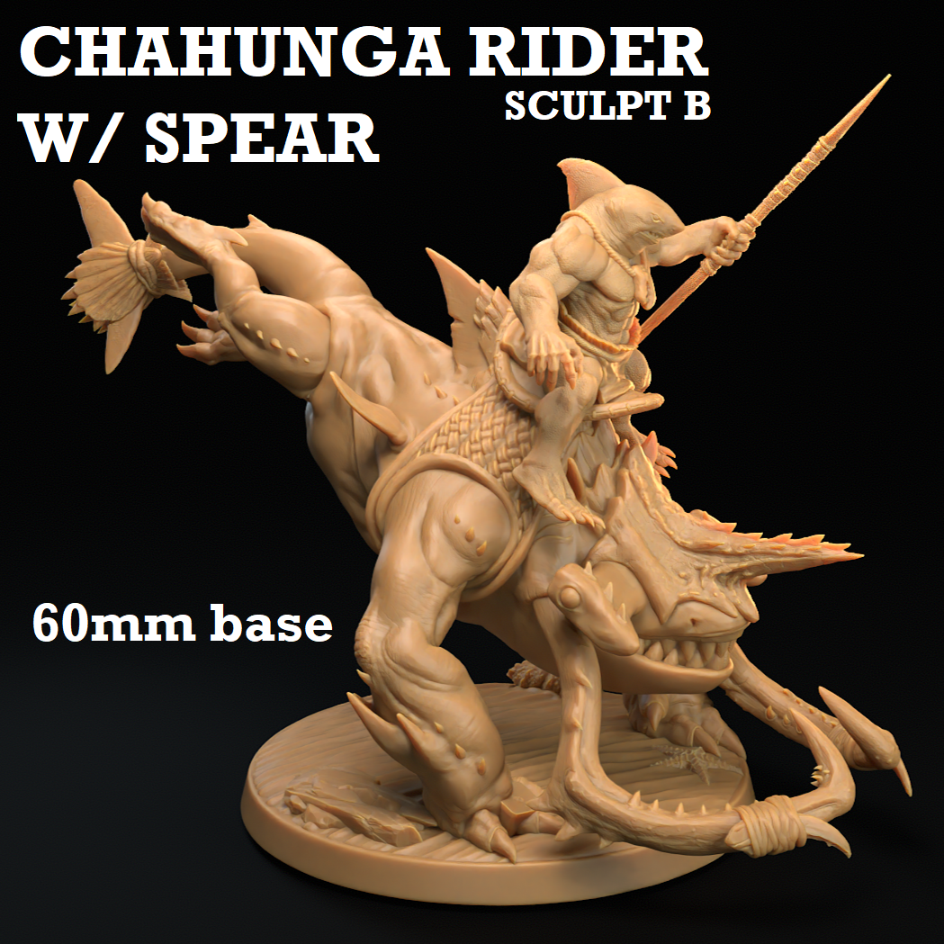 Image shows a 3D render of a gaming miniature of a sharkfolk warrior riding a shark-dog creature.