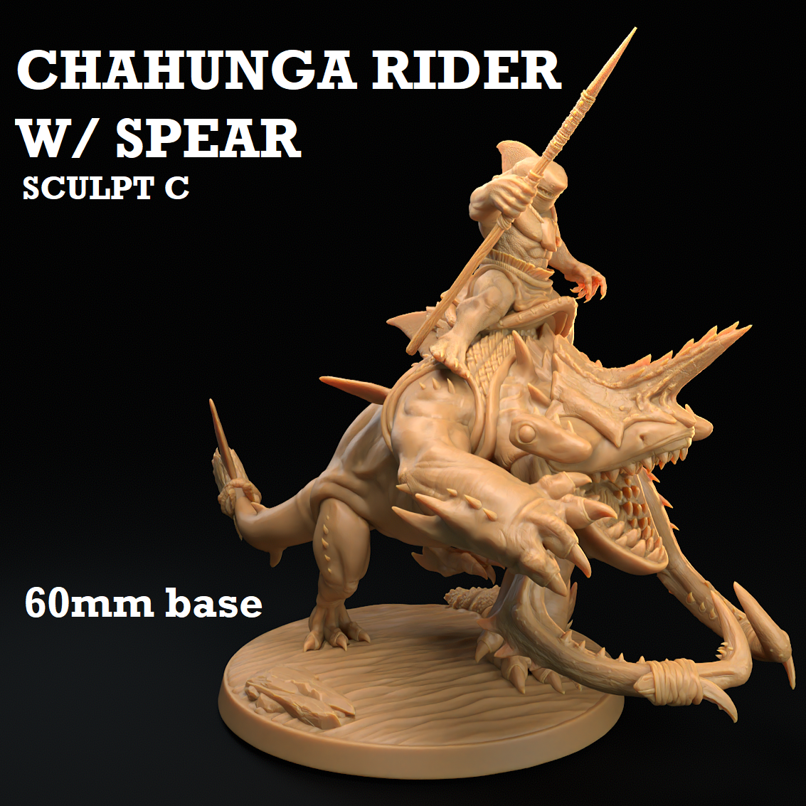 Image shows a 3D render of a gaming miniature of a sharkfolk warrior riding a shark-dog creature.