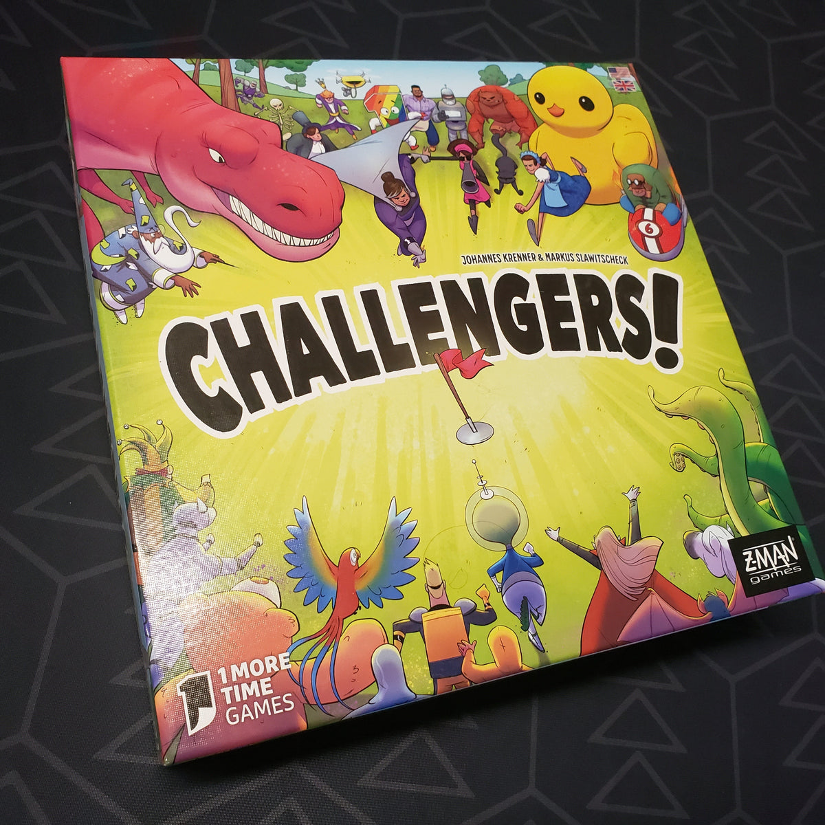 Image shows the front cover of the box for the Challengers! card game