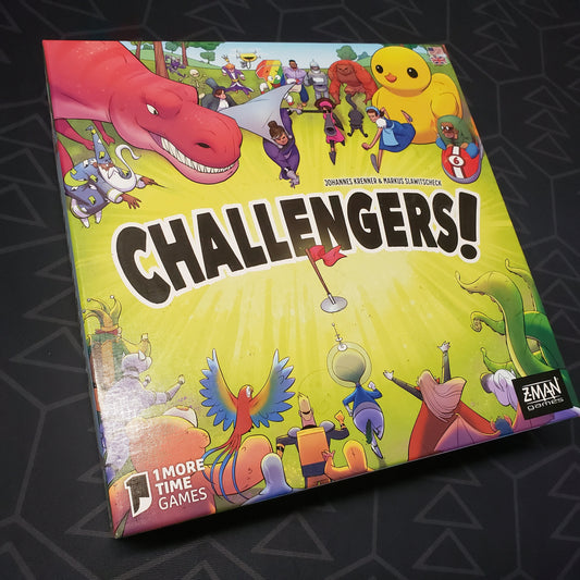 Image shows the front cover of the box for the Challengers! card game
