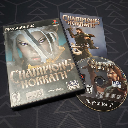 Image shows the case, manual and disc for the video game Champions of Norrath for Playstation 2