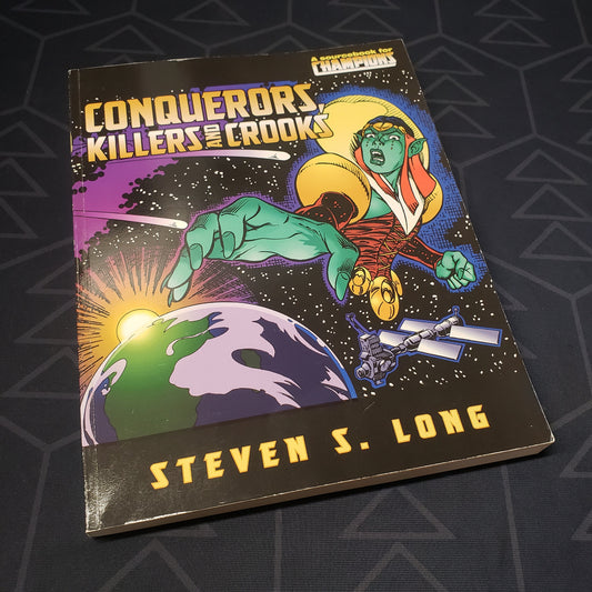 Image shows the front cover of the Conquerors, Killers, and Crooks book for the roleplaying game Champions