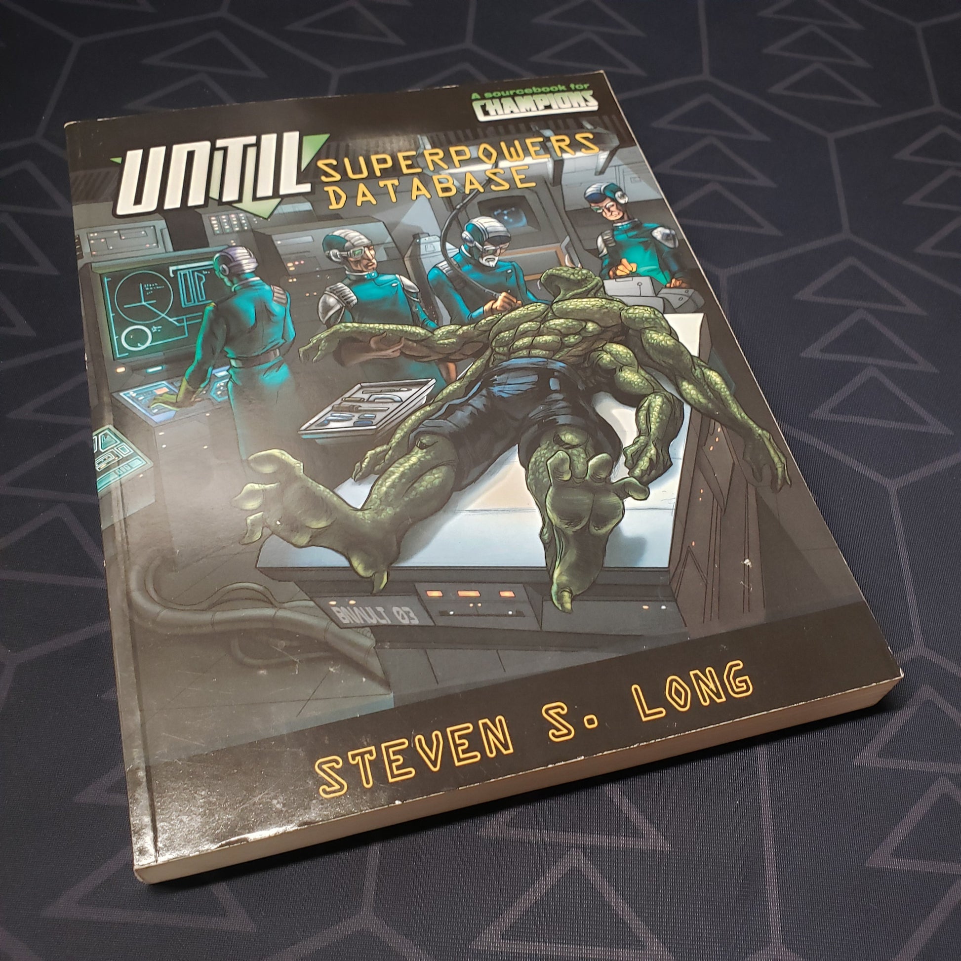 Image shows the front cover of the UNTIL Superpowers Database book for the roleplaying game Champions