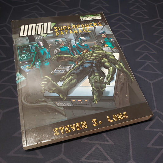 Image shows the front cover of the UNTIL Superpowers Database book for the roleplaying game Champions