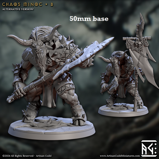 Image shows 3D renders for two different sculpt options for a minotaur warrior gaming miniature, one holding a greataxe and the other with an axe & banner