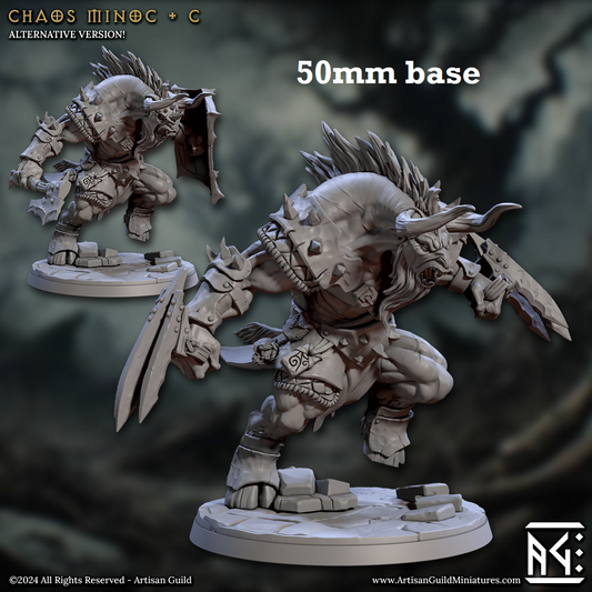 Image shows 3D renders for two different sculpt options for a minotaur warrior gaming miniature, one holding an axe & shield and the other with two sets of handclaws