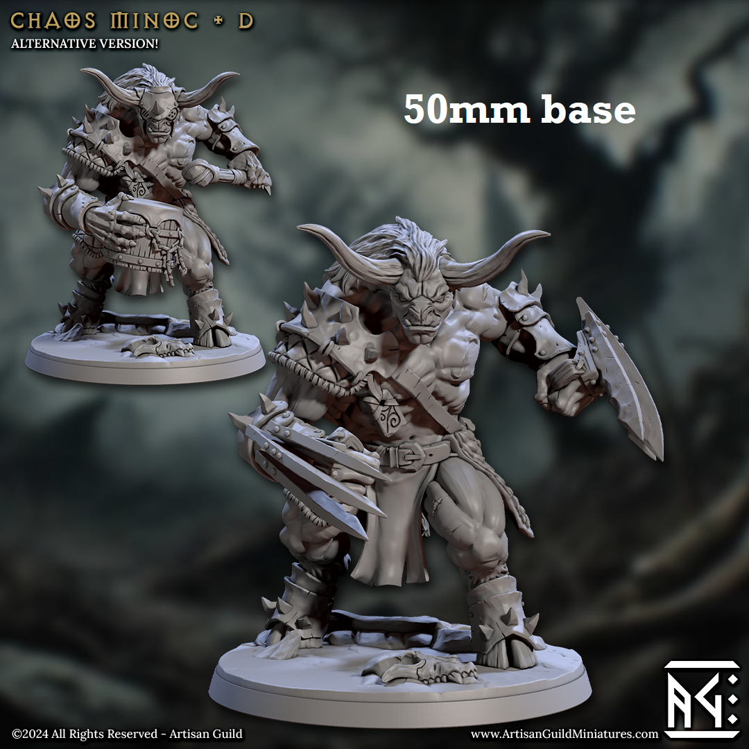 Image shows 3D renders for two different sculpt options for a minotaur warrior gaming miniature, one holding a drum and the other with a two sets of hand claws