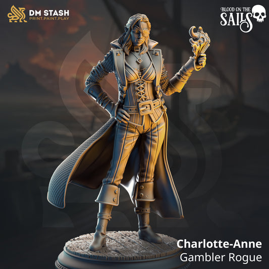 Image shows a 3D render of a half-elf pirate rogue gaming miniature.