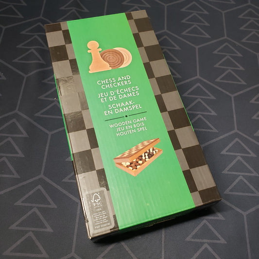Image shows the front cover of the box for a Chess & Checkers board game set