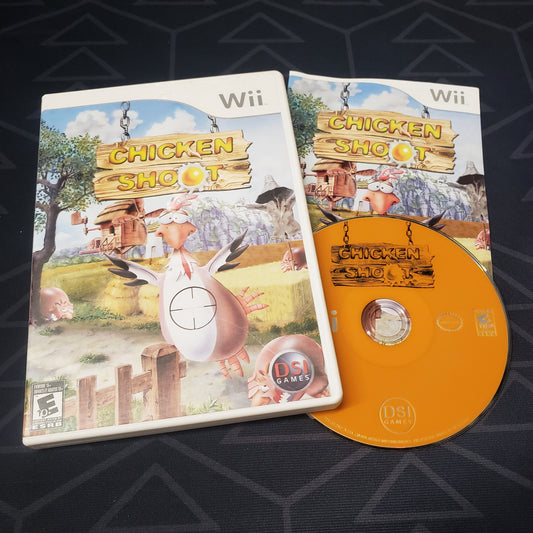 Image shows the case, manual & disc for the video game Chicken Shoot for Nintendo Wii