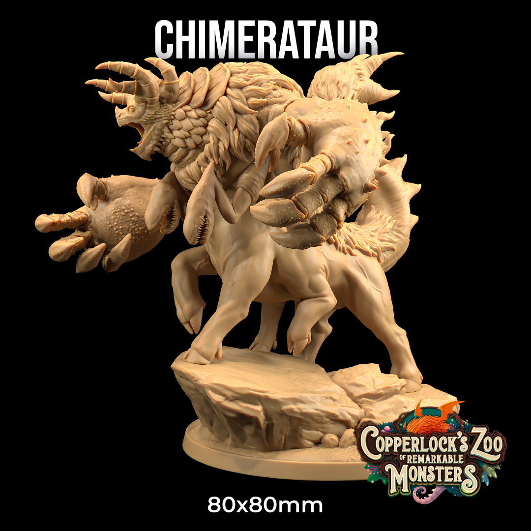 Image shows a 3D render of a gaming miniature of a hybrid monster that is half and half chimera and centaur