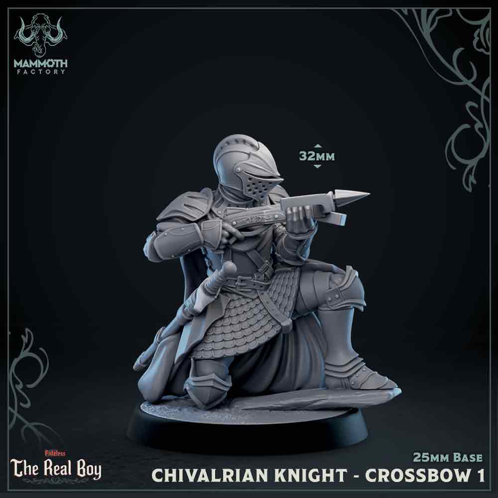 Image shows a 3D render of an medieval knight with a crossbow gaming miniature