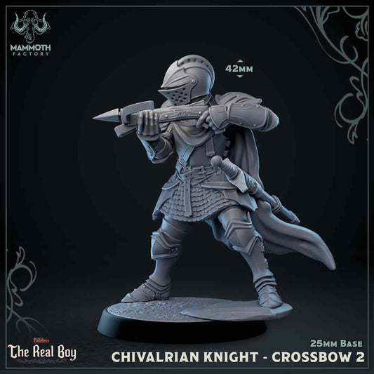 Image shows a 3D render of an medieval knight with a crossbow gaming miniature