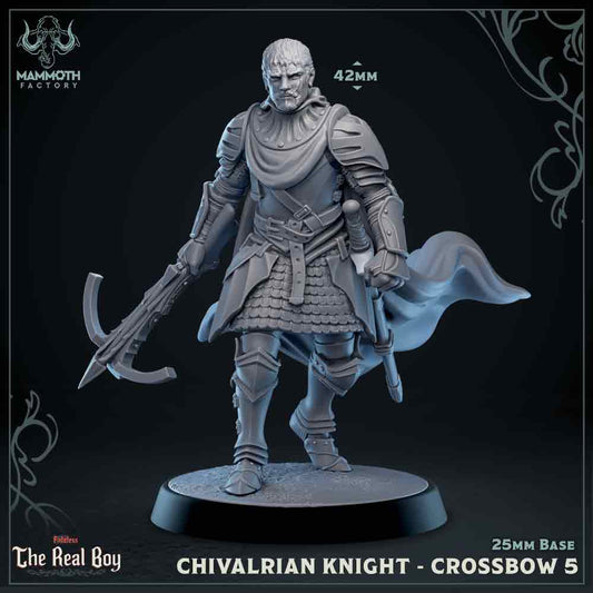 Image shows a 3D render of an medieval knight with a crossbow gaming miniature