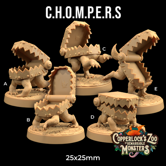 Image shows 3D renders of five different sculpt options for a lizard-beartrap hybrid gaming miniature