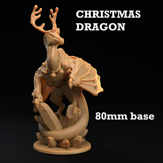 Image shows a 3D render of a holiday dragon gaming miniature.