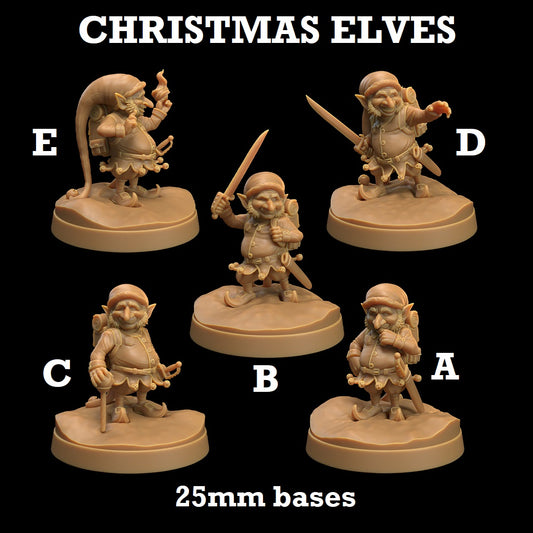 Image shows 3D renders of five sculpt options for a Christmas elf gaming miniature.