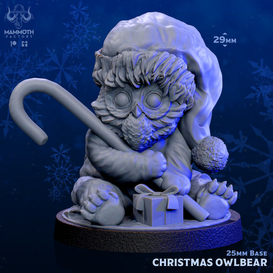 Image shows a 3D render of a Christmas-themed baby owlbear gmaing miniature, holding a present & candy cane