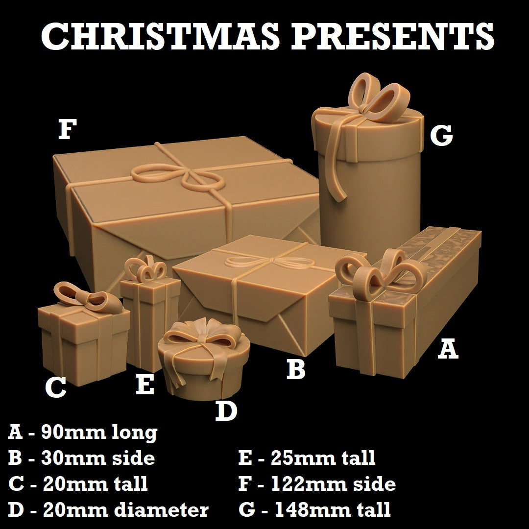 Image shows 3D renders for seven different sculpt options for a Christmas gift gaming miniature terrain piece