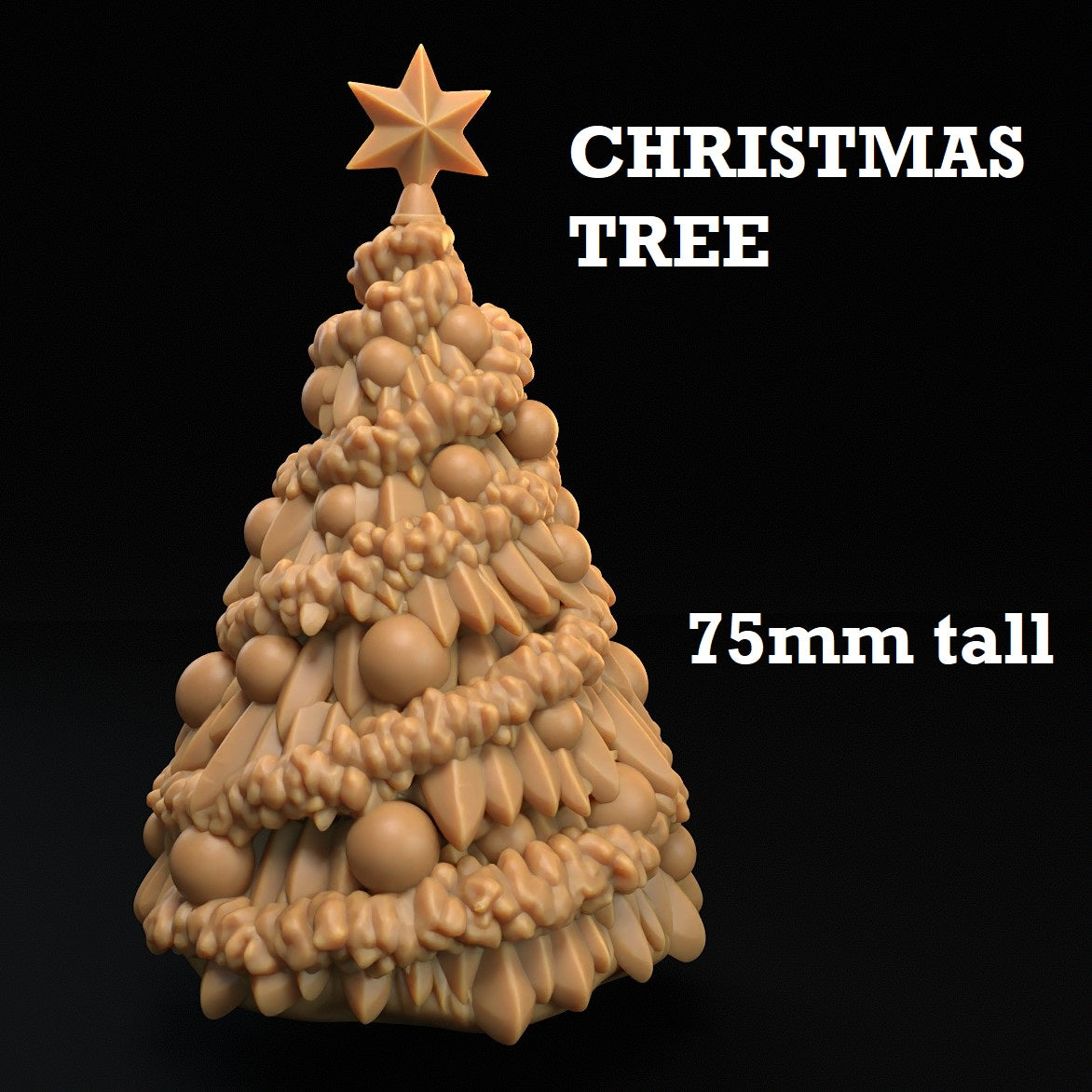 Image shows a 3D render of a Christmas tree gaming miniature.