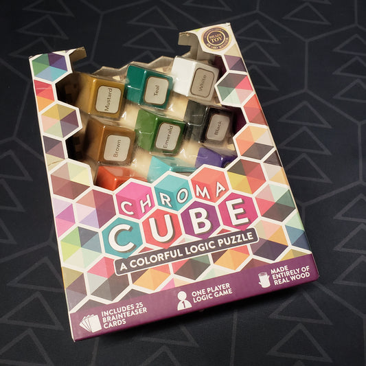 Image shows the front cover of the box for the Chroma Cube puzzle game