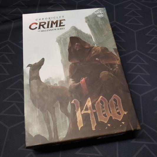 Image shows the front cover of the box of the Chronicles of Crime: 1400 board game